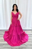 Load image into Gallery viewer, Fuchsia Strapless Tiered A Line Long Prom Dress with Bow