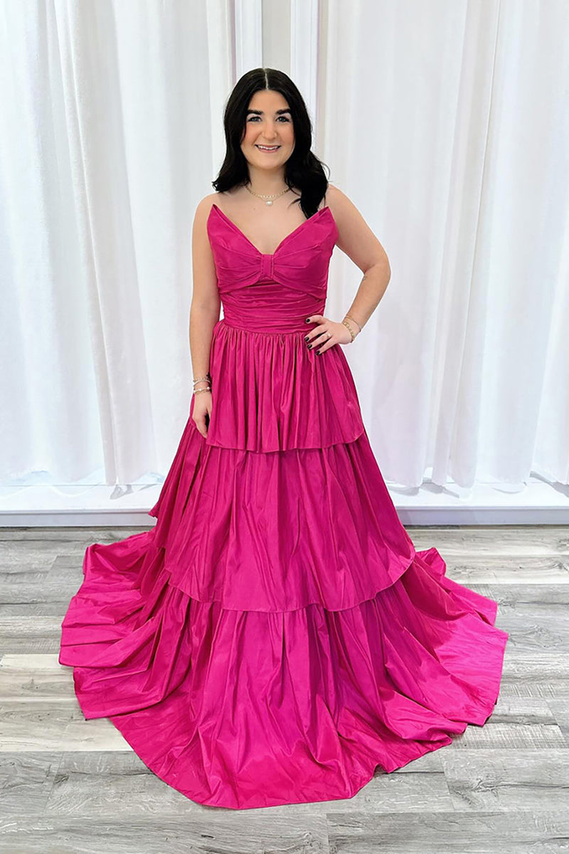 Load image into Gallery viewer, Fuchsia Strapless Tiered A Line Long Prom Dress with Bow