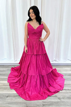 Fuchsia Strapless Tiered A Line Long Prom Dress with Bow
