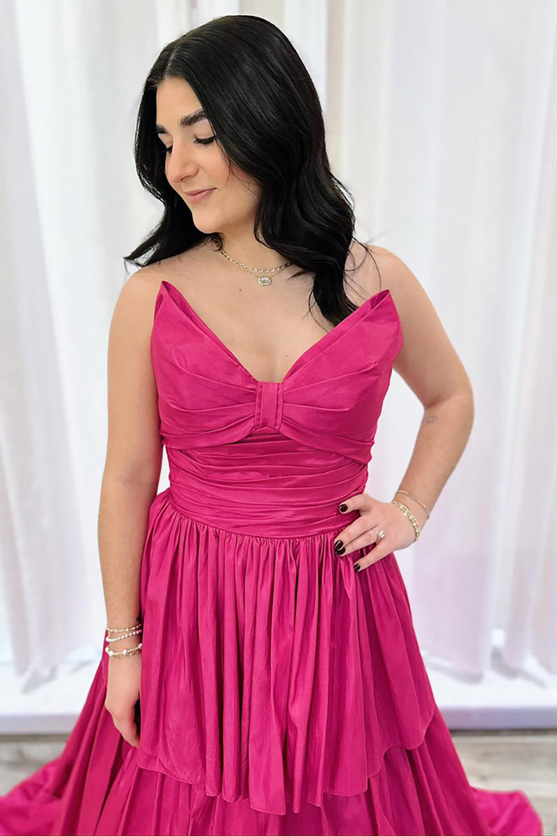 Load image into Gallery viewer, Fuchsia Strapless Tiered A Line Long Prom Dress with Bow