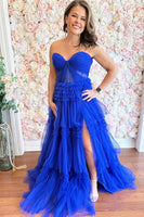 Load image into Gallery viewer, Sweetheart Royal Blue Tiered Maxi Corset Prom Dress with Slit