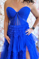 Load image into Gallery viewer, Sweetheart Royal Blue Tiered Maxi Corset Prom Dress with Slit