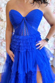 Sweetheart Royal Blue Tiered Maxi Corset Prom Dress with Slit