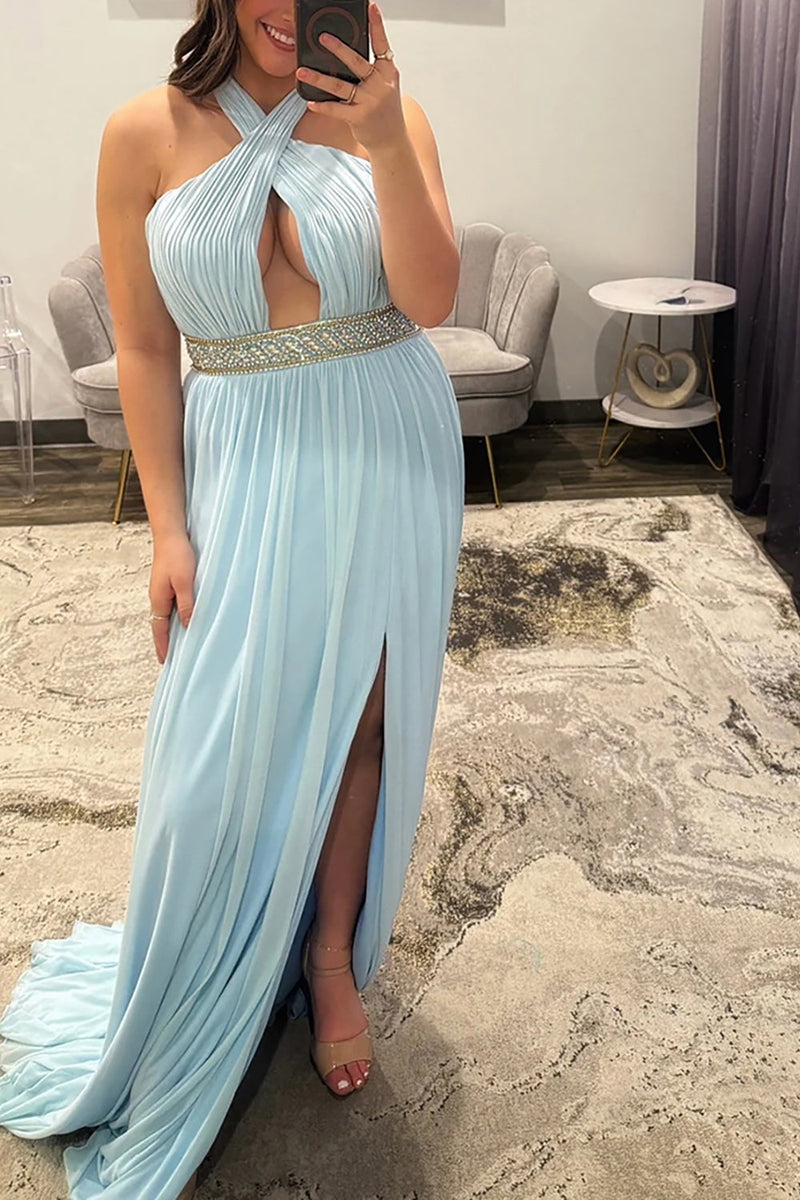 Load image into Gallery viewer, Sparkly Light Blue Halter Neck Maxi Prom Dress with Keyhole