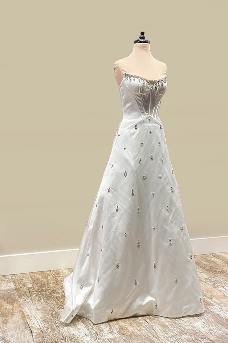 Load image into Gallery viewer, Sparkly White A Line Strapless Long Corset Prom Dress with Beading