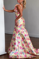 Load image into Gallery viewer, Fuchsia Floral V Neck Yellow Long Mermaid Prom Dress with Bows