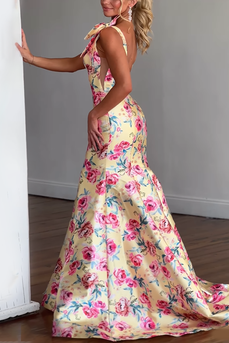 Fuchsia Floral V Neck Yellow Long Mermaid Prom Dress with Bows