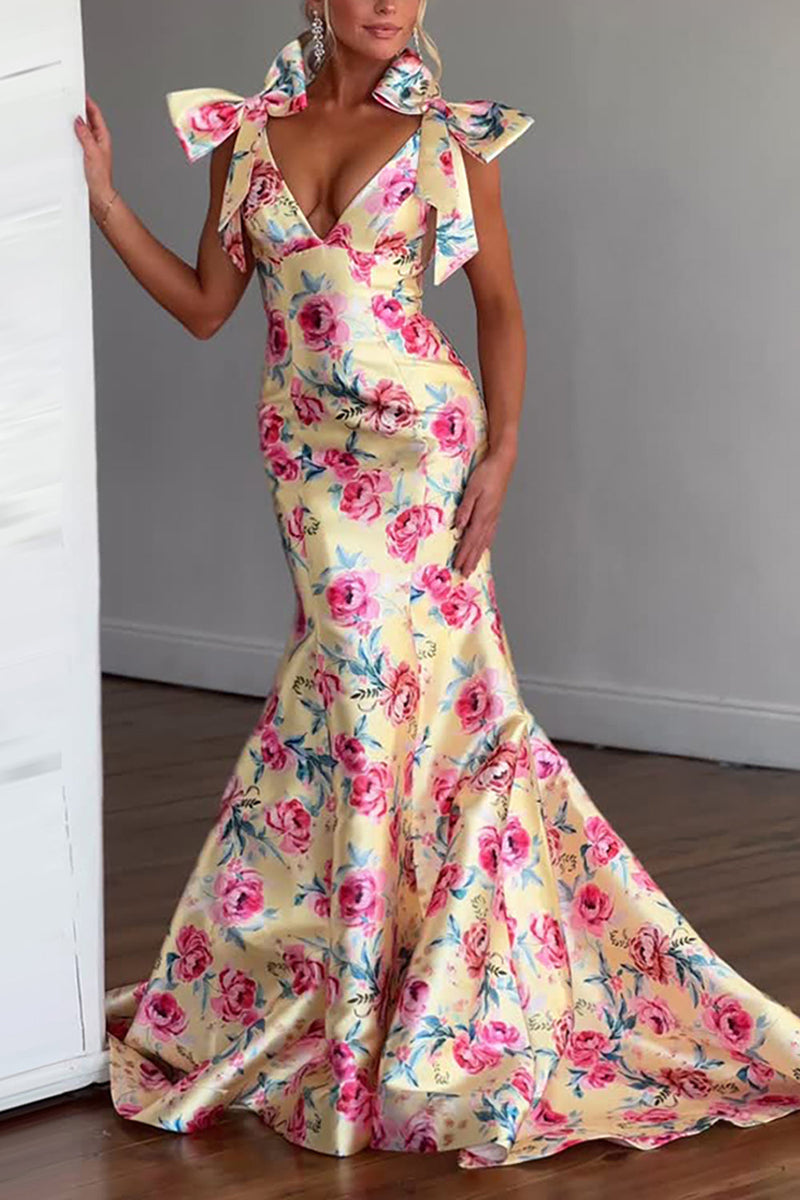 Load image into Gallery viewer, Fuchsia Floral V Neck Yellow Long Mermaid Prom Dress with Bows