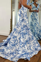 Load image into Gallery viewer, White Blue Floral V Neck Mermaid Long Prom Dress with Bows