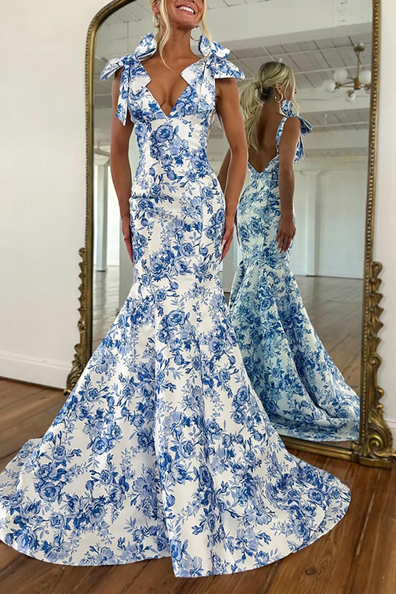 Load image into Gallery viewer, White Blue Floral V Neck Mermaid Long Prom Dress with Bows