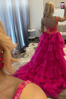 Load image into Gallery viewer, Sparkly Peacock Blue Ruffled Long Sequin Prom Dress with Keyhole