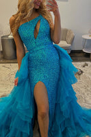 Load image into Gallery viewer, Sparkly Peacock Blue Ruffled Long Sequin Prom Dress with Keyhole