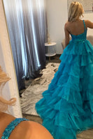 Load image into Gallery viewer, Sparkly Peacock Blue Ruffled Long Sequin Prom Dress with Keyhole