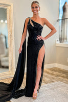 Load image into Gallery viewer, Sparkly Black One Shoulder Keyhole Long Sequin Prom Dress with Side Cape