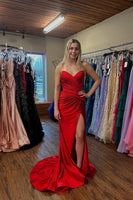 Load image into Gallery viewer, Red Sweetheart Sheath Ruched Long Prom Dress