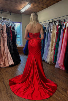 Red Sweetheart Sheath Ruched Long Prom Dress