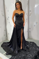 Load image into Gallery viewer, Black Ruched Long Sweetheart Prom Dress with Slit