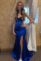 Load image into Gallery viewer, Sparkly Royal Blue Beaded Mermaid Long Corset Prom Dress with Slit