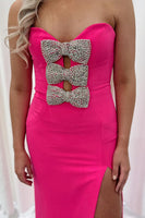 Load image into Gallery viewer, Sparkly Fuchsia Strapless Long Sheath Prom Dress with Keyhole