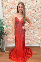 Load image into Gallery viewer, Sparkly Red Mermaid Sweetheart Long Beaded Prom Dress