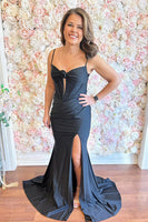 Load image into Gallery viewer, Black Keyhole Mermaid Spaghetti Straps Long Corset Prom Dress with Bow