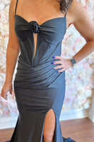 Load image into Gallery viewer, Black Keyhole Mermaid Spaghetti Straps Long Corset Prom Dress with Bow