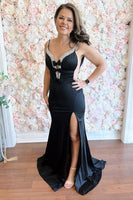 Load image into Gallery viewer, Sparkly Black Mermaid Beaded Long Keyhole Prom Dress with Slit