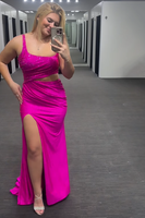 Load image into Gallery viewer, Sparkly Fuchsia Thick Straps Mermaid Cut Out Long Prom Dress with Slit