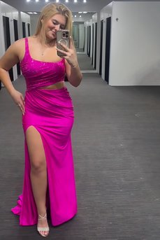 Sparkly Fuchsia Thick Straps Mermaid Cut Out Long Prom Dress with Slit