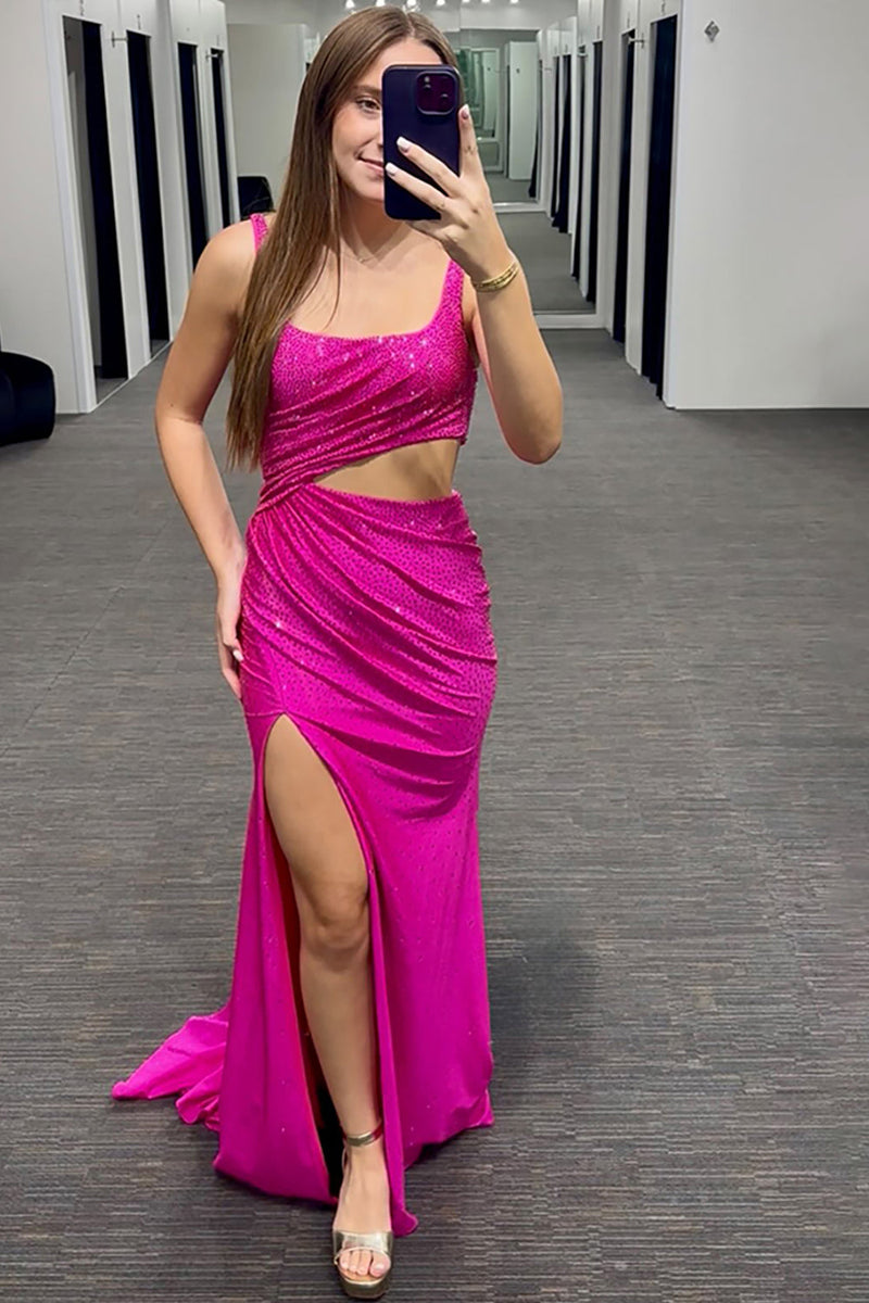 Load image into Gallery viewer, Sparkly Fuchsia Thick Straps Mermaid Cut Out Long Prom Dress with Slit