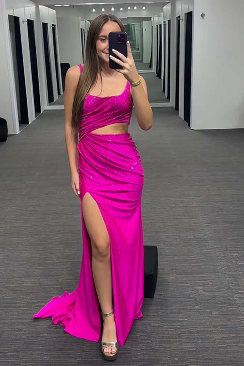 Load image into Gallery viewer, Sparkly Fuchsia Thick Straps Mermaid Cut Out Long Prom Dress with Slit
