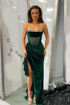 Sparkly Dark Green Sheath Velvet Long Corset Prom Dress with Slit
