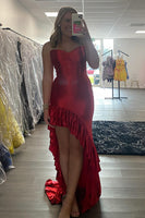 Load image into Gallery viewer, Red Strapless Ruffled High Low Mermaid Corset Prom Dress