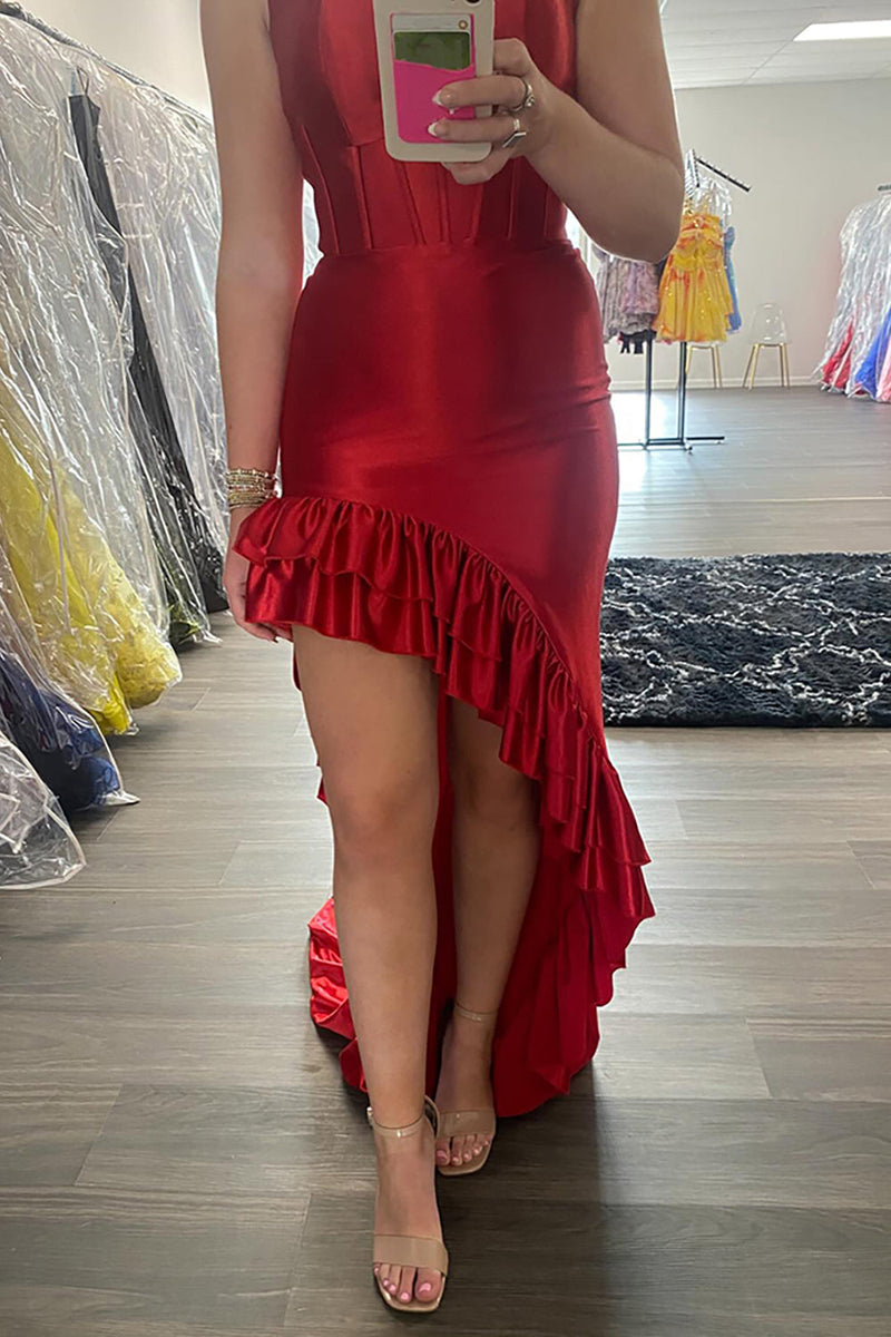 Load image into Gallery viewer, Red Strapless Ruffled High Low Mermaid Corset Prom Dress