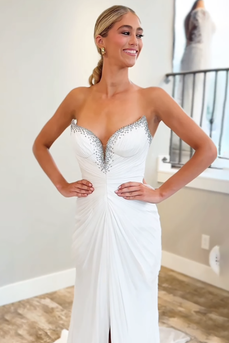 Sparkly White Sweetheart Mermaid Beaded Long Prom Dress with Slit