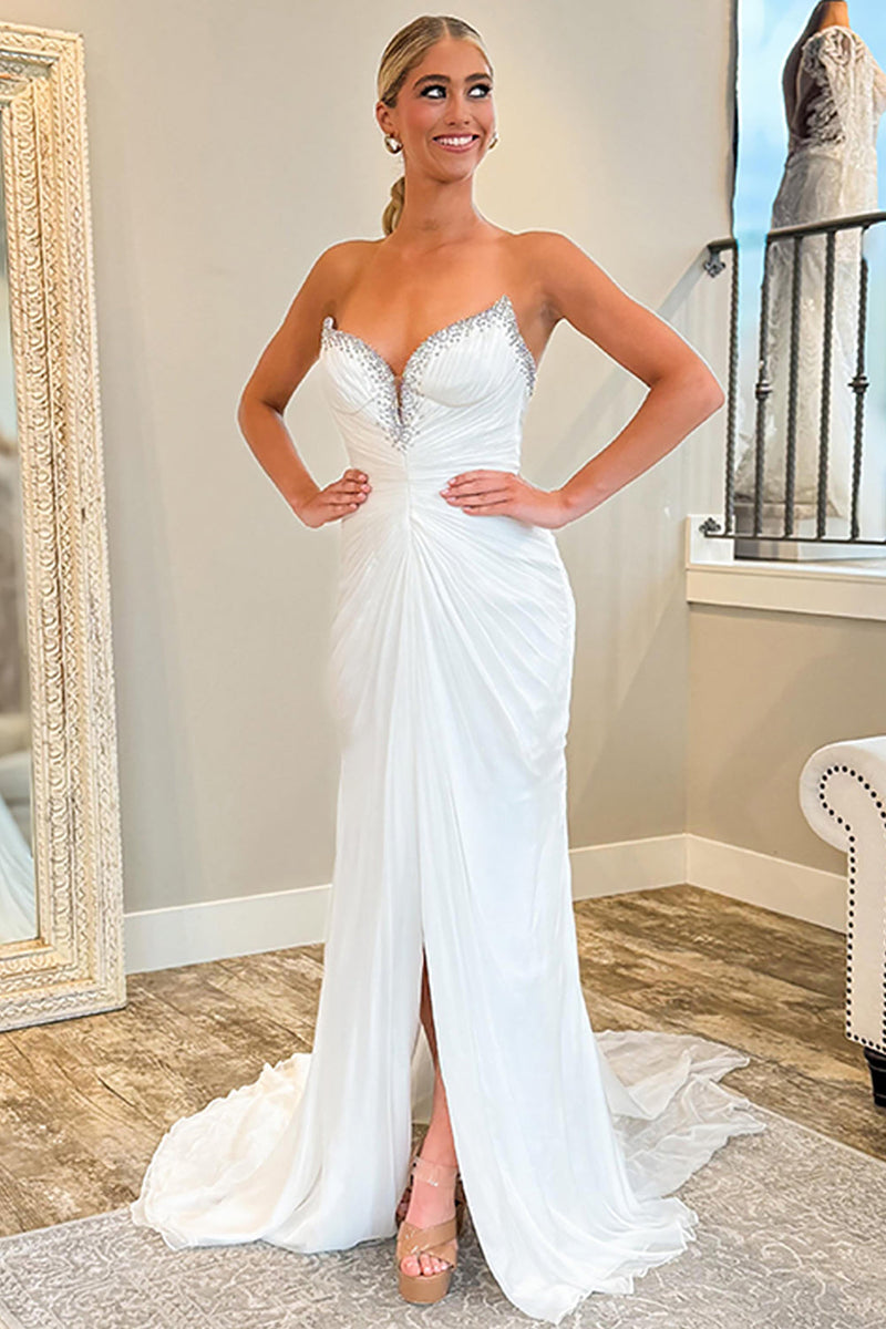 Load image into Gallery viewer, Sparkly White Sweetheart Mermaid Beaded Long Prom Dress with Slit