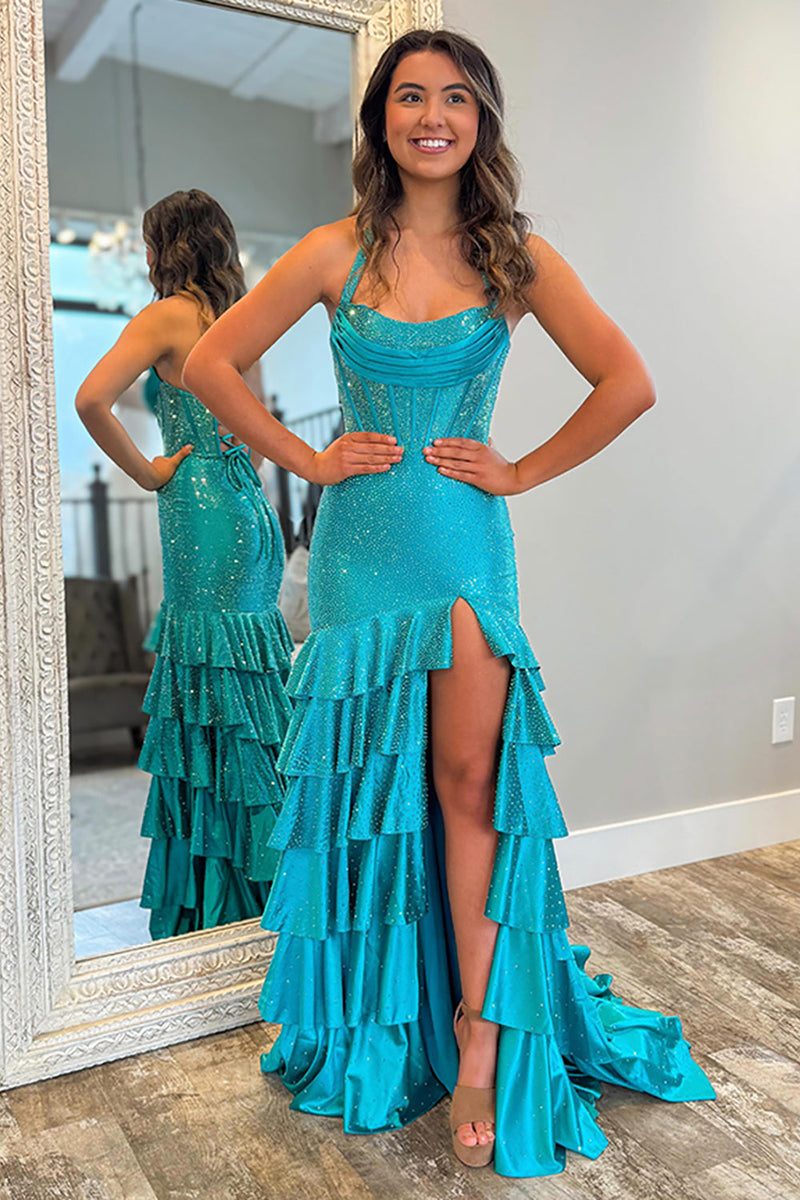 Load image into Gallery viewer, Sparkly Peacock Green Mermaid Sequin Long Corset Prom Dress with Ruffles