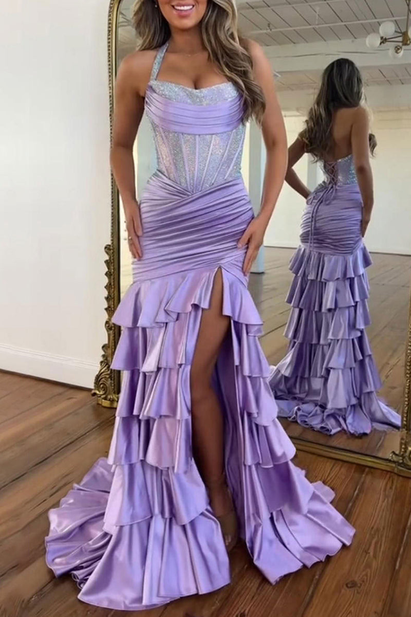 Load image into Gallery viewer, Sparkly Peacock Green Mermaid Sequin Long Corset Prom Dress with Ruffles