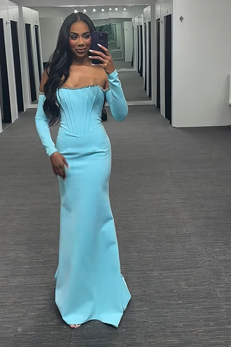 Load image into Gallery viewer, Sparkly Light Blue Mermaid Off the Shoulder Long Corset Prom Dress