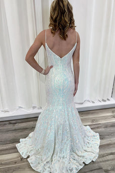 Sparkly White Appliqued Mermaid Long Sequin Prom Dress