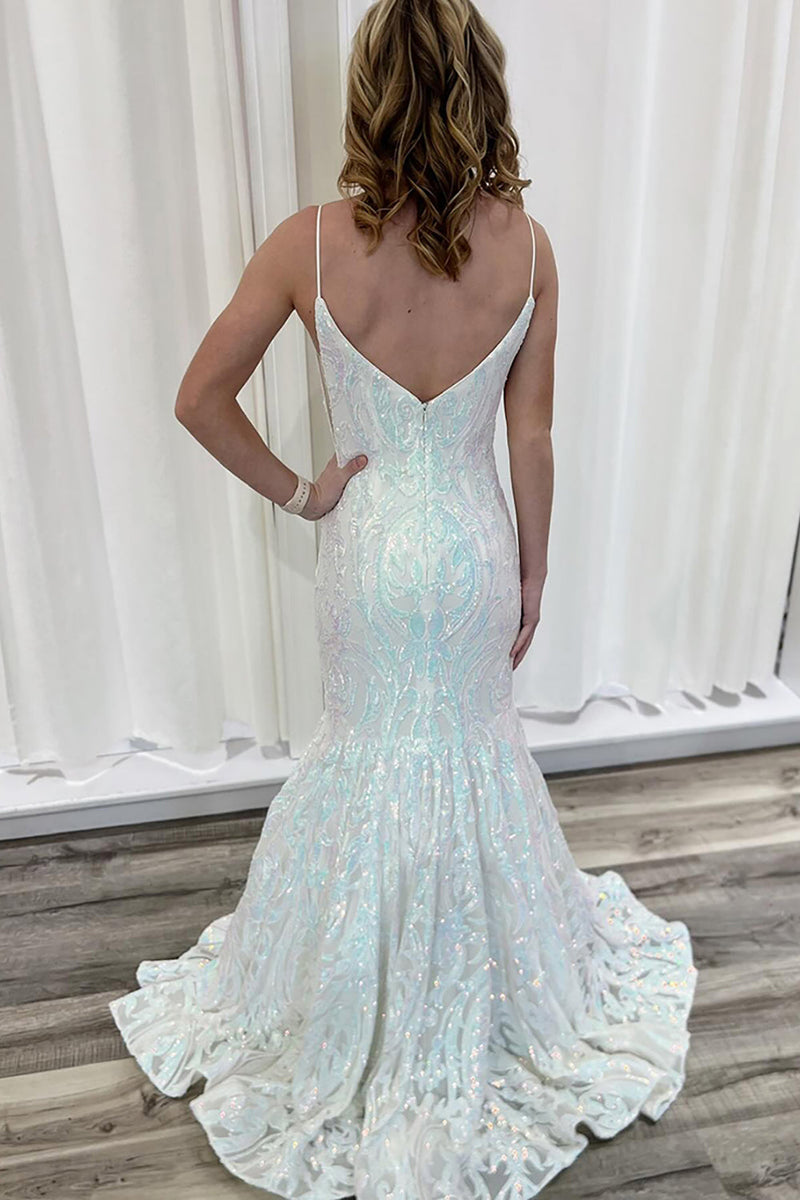 Load image into Gallery viewer, Sparkly White Appliqued Mermaid Long Sequin Prom Dress