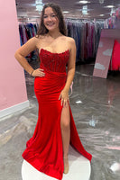 Load image into Gallery viewer, Sparkly Red Mermaid Strapless Long Corset Prom Dress with Slit