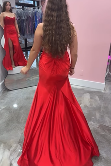 Sparkly Red Mermaid Strapless Long Corset Prom Dress with Slit