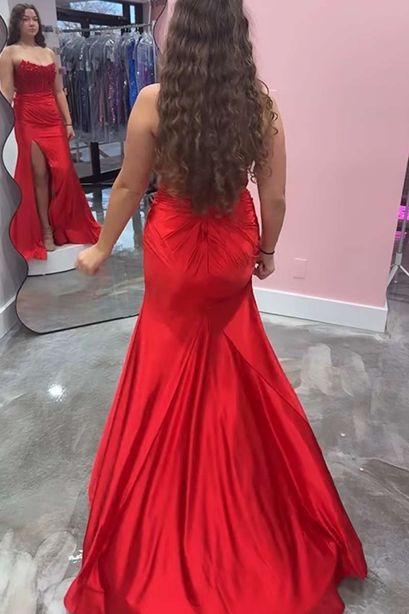 Load image into Gallery viewer, Sparkly Red Mermaid Strapless Long Corset Prom Dress with Slit
