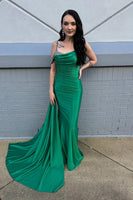Load image into Gallery viewer, Sparkly Green Cold Shoulder Long Mermaid Prom Dress with Side Cape