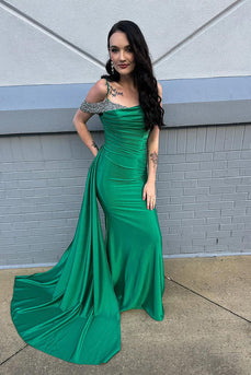 Sparkly Green Cold Shoulder Long Mermaid Prom Dress with Side Cape