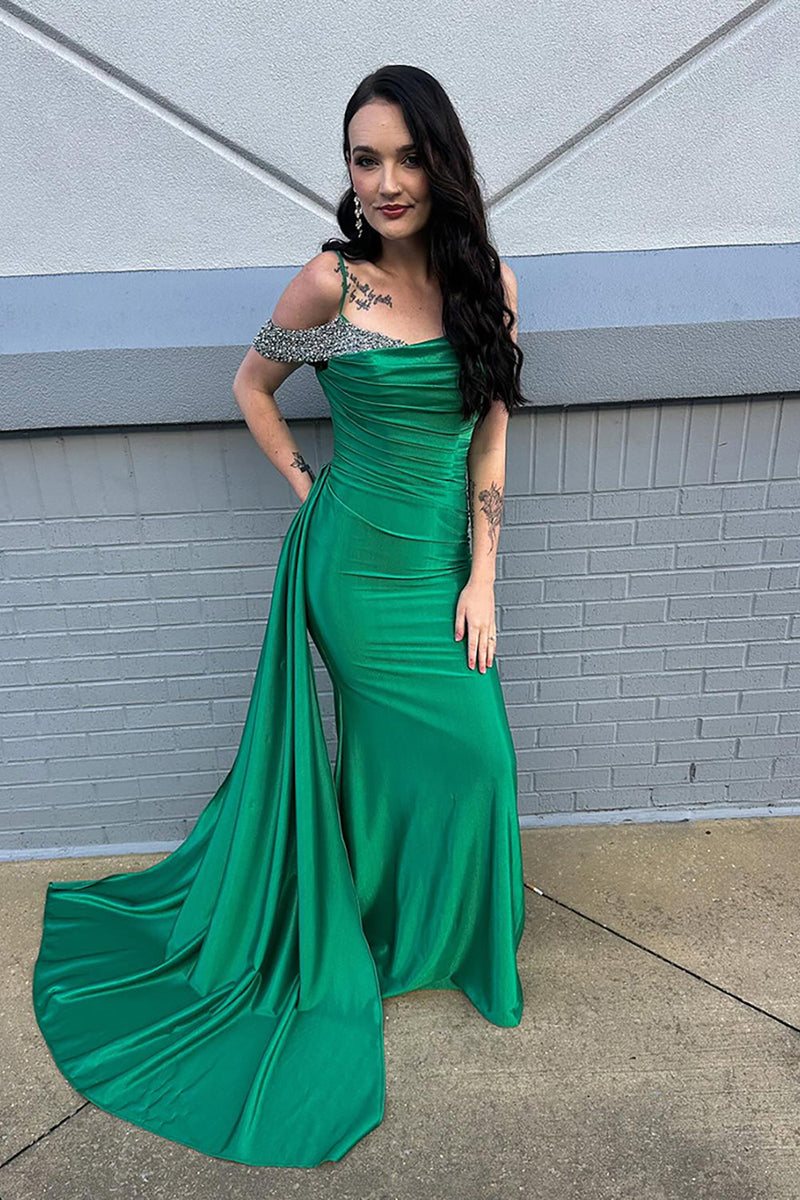 Load image into Gallery viewer, Sparkly Green Cold Shoulder Long Mermaid Prom Dress with Side Cape