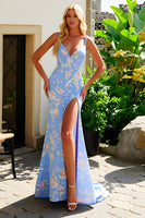 Load image into Gallery viewer, Blue and Pink Flower V Neck Long Mermaid Prom Dress with Slit