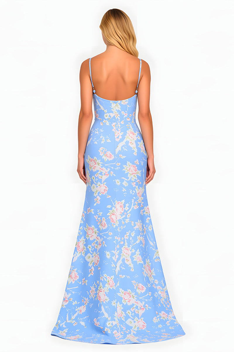 Queendancer Women Blue and Pink Flower Maxi Prom Dress with Slit