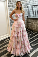 Load image into Gallery viewer, Pink Flower Sweetheart A Line Long Corset Prom Dress with Ruffles